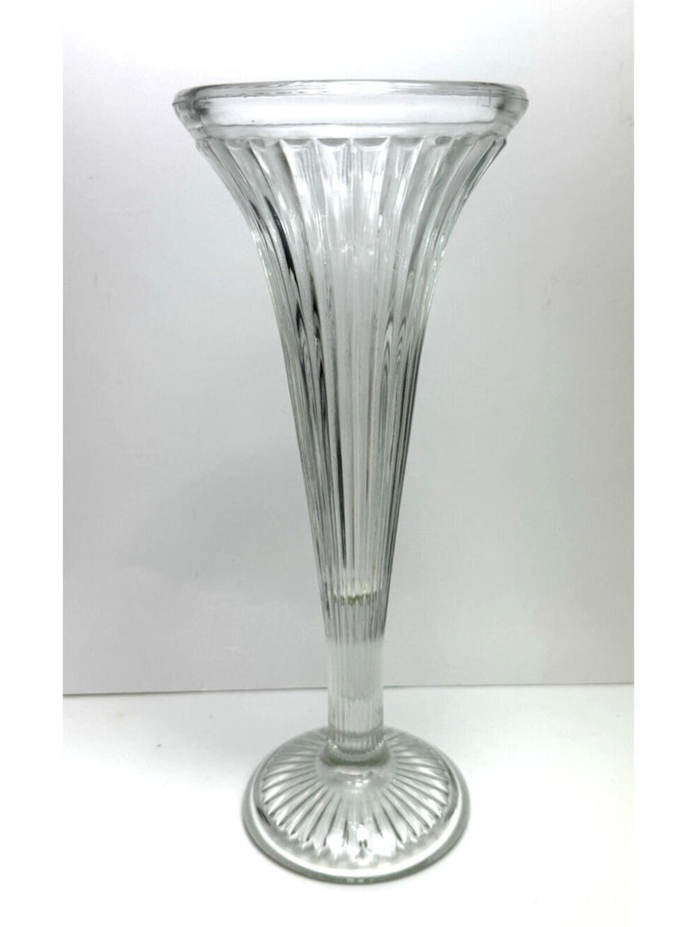 Vtg Antique Clear Soda Shelf Hat Stand Riser Glass Trumpet Ribbed 12”H Vase